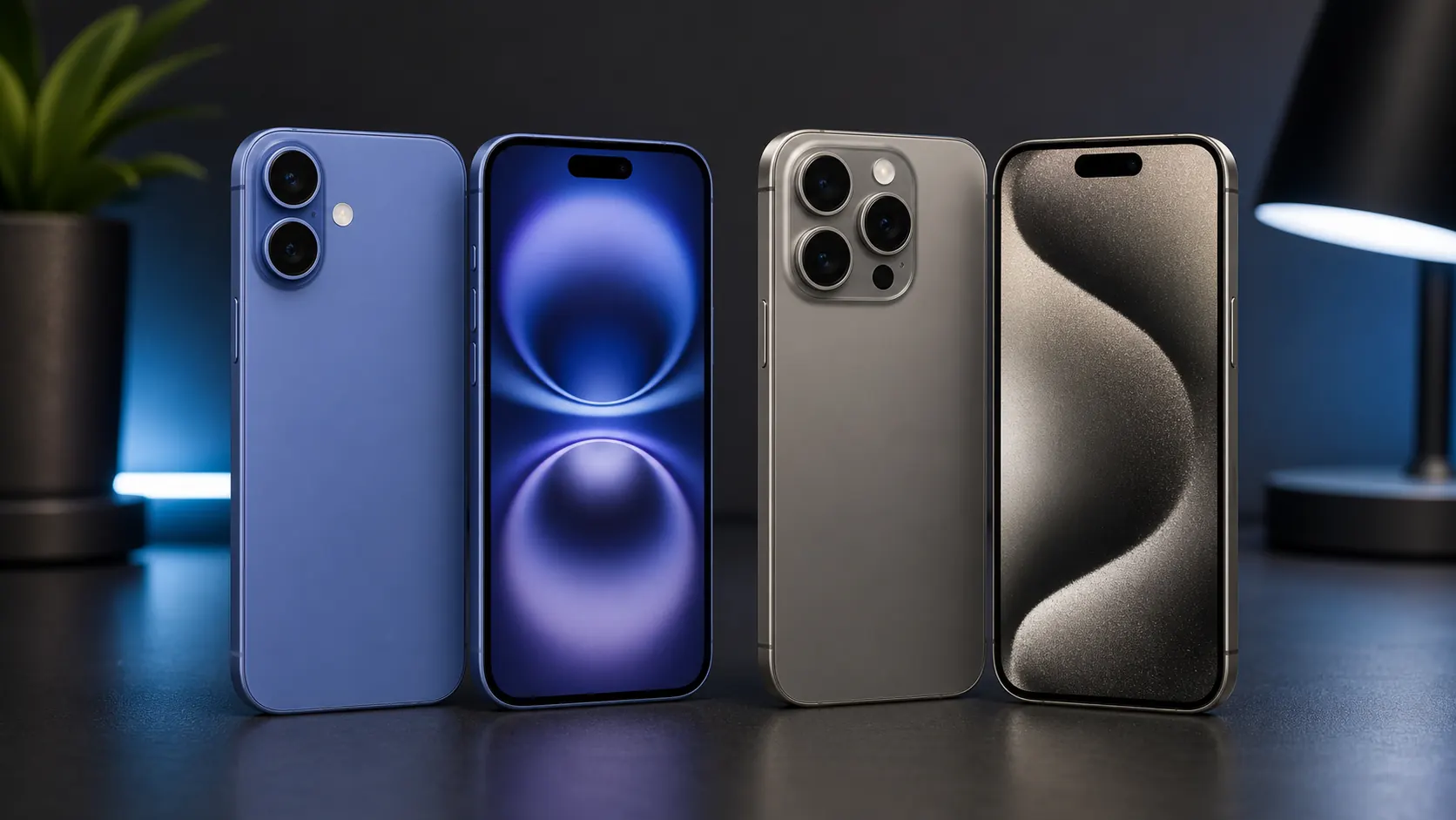 Imagem original realista comparando iPhone 16 e iPhone 16 Pro sem logos oficiais