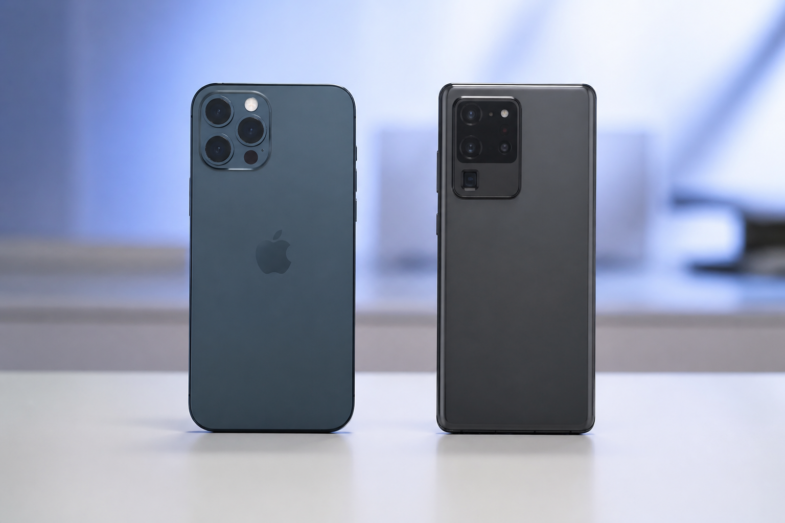 iPhone 12 Pro Max e Samsung Galaxy S20 Ultra lado a lado em comparativo
